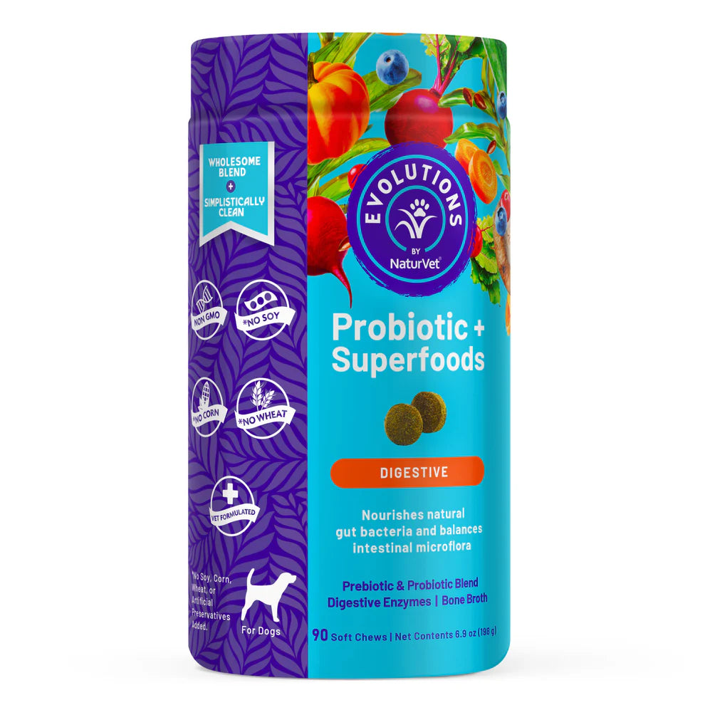 Package of Evolutions by NaturVet Probiotic + Superfoods for dogs on a white background