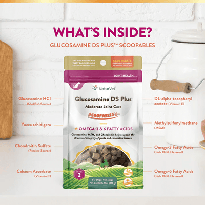 NaturVet Glucosamine DS Plus Scoopables package showing ingredients for joint care in dogs, highlighting glucosamine, MSM, and omega fatty acids.