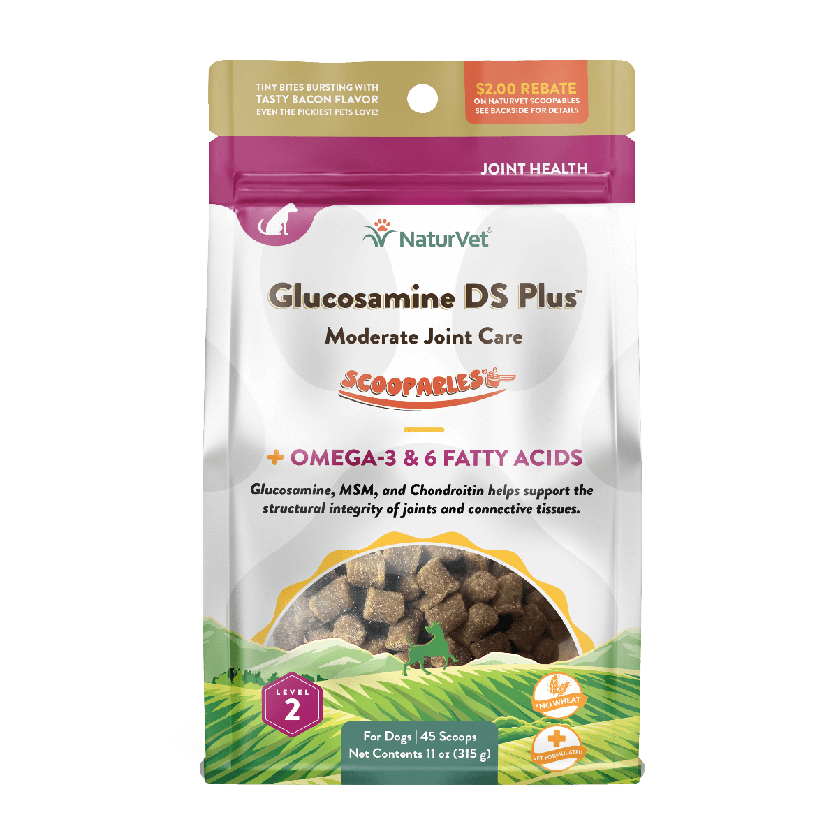 NaturVet Glucosamine DS Plus joint care scoopables for dogs, bacon flavor, 11oz, promotes joint health with Omega-3 & 6.