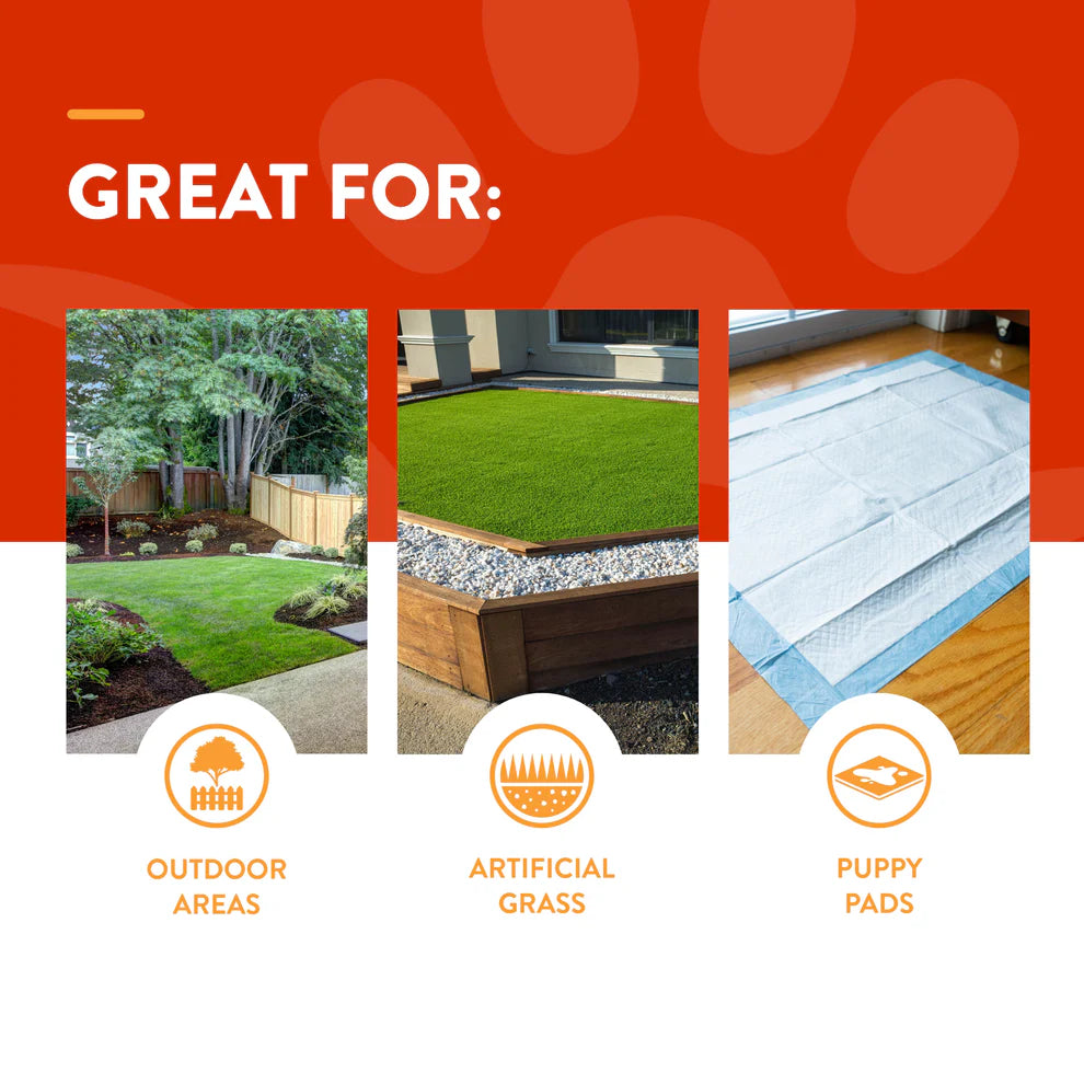 Product advertisement with images of outdoor areas, artificial grass, and puppy pads, featuring a red background and text 'GREAT FOR:'.