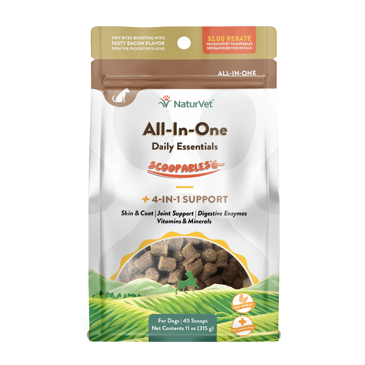 NaturVet All-In-One Daily Essentials scoopables dog supplement packaging with 4-in-1 support for health and wellness.