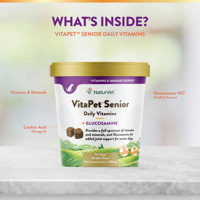 VitaPet Senior Daily Vitamins container with product details on a light background