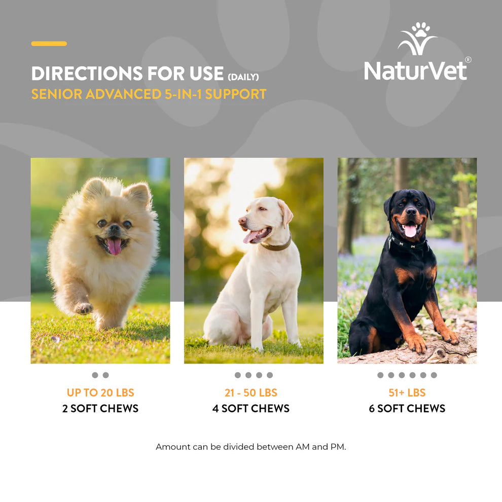 NaturVet senior advanced pet supplement directions with images of dogs and text on a gray background