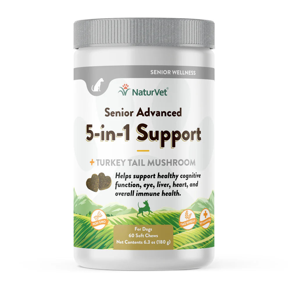 NaturVet Senior Advanced 5-in-1 Support supplement container on a white background