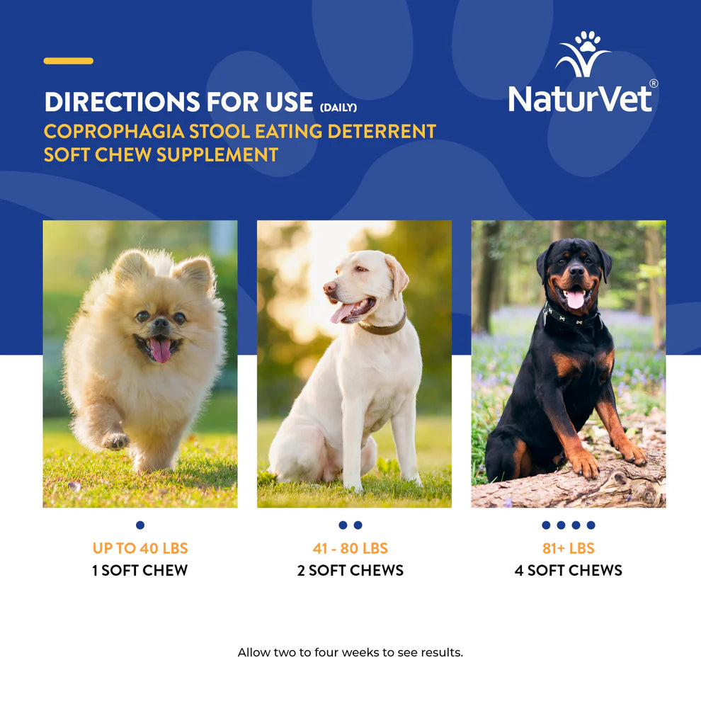 NaturVet soft chew supplement directions for dogs with images of three dogs and corresponding weight ranges.