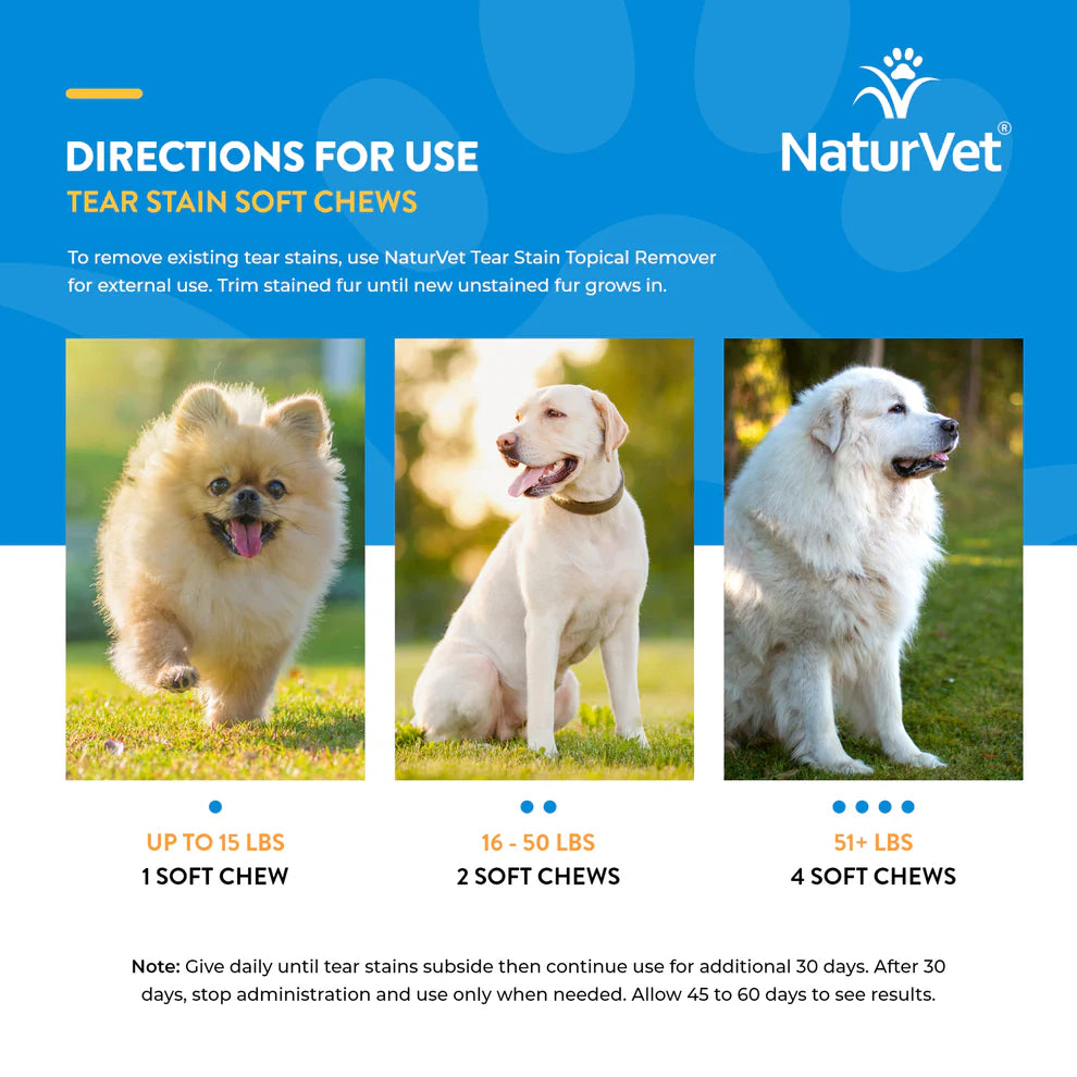 NaturVet tear stain soft chews directions with images of dogs and size recommendations.