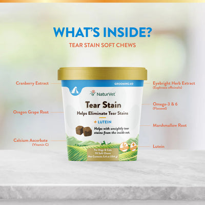 NaturVet Tear Stain soft chews packaging with ingredients listed on a light background