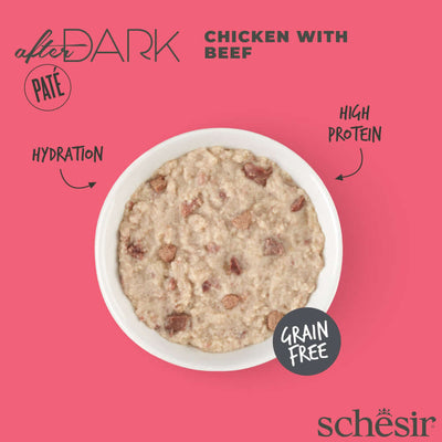 Schesir After Dark Chicken with Beef Pate in a white bowl, highlighting high protein, hydration, and grain-free benefits.