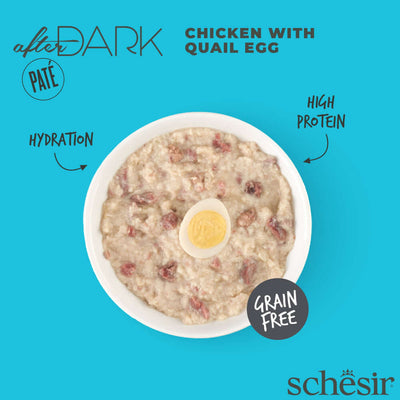 Schesir After Dark Chicken with Quail Egg Pate Canned Cat Food in a bowl, highlighting high protein and hydration.