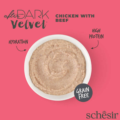 Schesir After Dark Velvet Mousse Cat Food - Chicken with Beef in bowl, high protein, grain-free, hydrating formula.