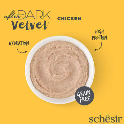 Schesir After Dark Velvet Mousse cat food with chicken, high protein, grain-free, hydrating formula in a bowl.