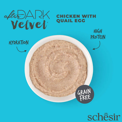 Schesir After Dark Velvet Mousse Cat Food - Chicken with Quail Egg, grain-free, high protein, hydrating texture.
