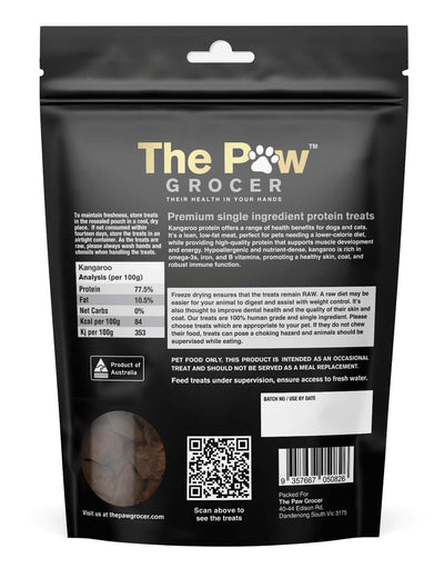The Paw Grocer Black Label Kangaroo Cat & Dog Treats 72g packaging showcasing premium kangaroo protein nutrition.