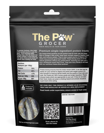 The Paw Grocer Black Label Sardines cat and dog treats package, rich in omega-3, premium single ingredient protein.