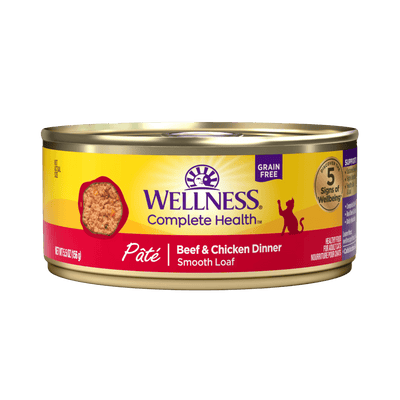 Wellness Complete Health Beef & Chicken Pate Wet Cat Food can, grain-free, high-protein nutrition for cats.