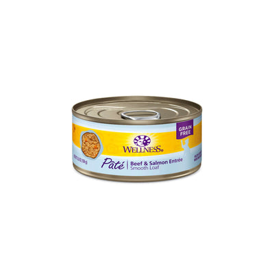Wellness Complete Health Grain-Free Beef & Salmon Pate cat food can, smooth texture, high-protein, moisture-rich nutrition.