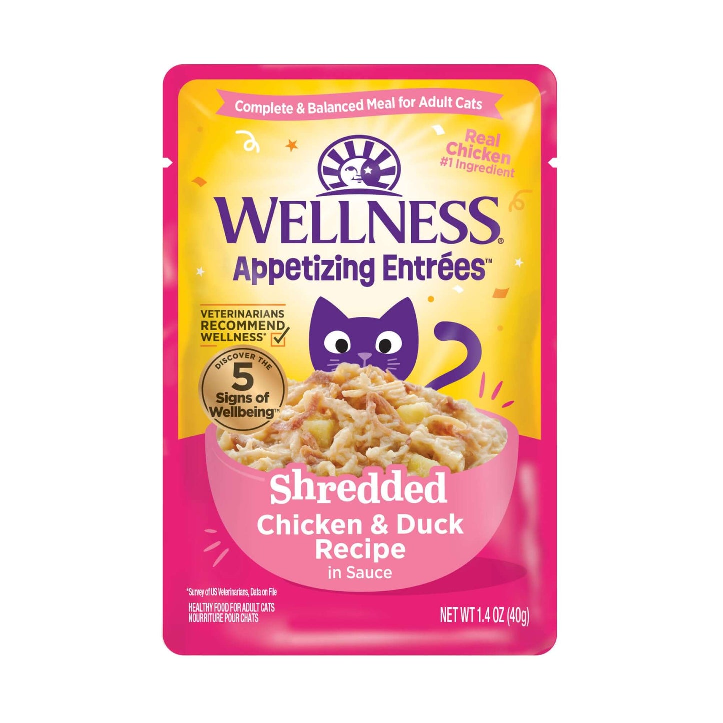 Wellness Appetizing Entrees Shredded Chicken & Duck Recipe wet cat food 1.4oz in savory broth for hydration and nutrition.