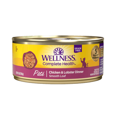 Wellness Complete Health Grain-Free Chicken & Lobster Pate Wet Cat Food can, 156g, smooth texture, high-protein nutrition.