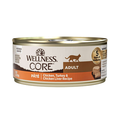 Wellness CORE Grain-Free Chicken, Turkey & Chicken Liver Recipe Wet Cat Food can, 156g, high-protein cat food for adult cats.