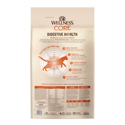 Wellness CORE Digestive Health Dry Cat Food bag with chicken recipe and health benefits for sensitive stomachs.