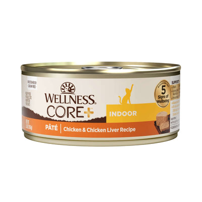 Wellness CORE+ Grain-Free Indoor Wet Cat Food can, Chicken & Chicken Liver Pate, 156g, high-protein formula for indoor cats.