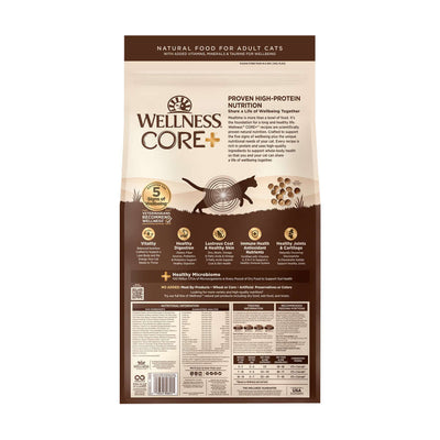 Wellness CORE Indoor dry cat food bag featuring deboned chicken and turkey for high-protein nutrition.