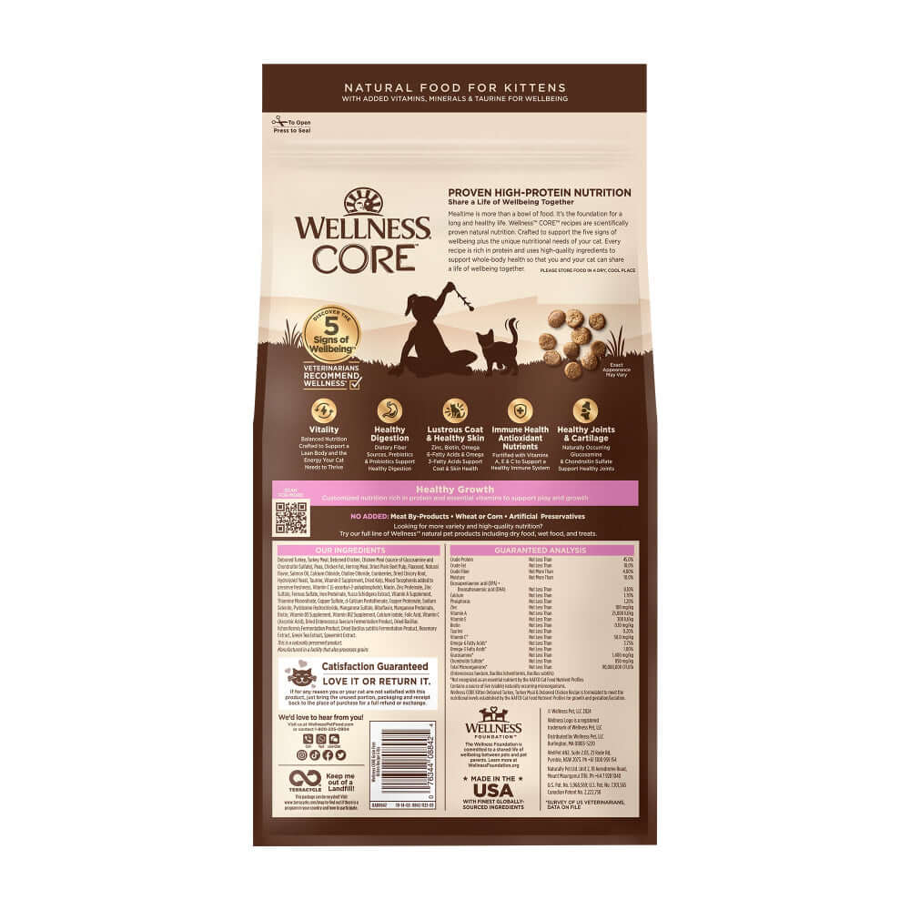 Wellness CORE Grain-Free Kitten Food bag featuring deboned turkey, chicken, and high-protein nutrition for kittens.