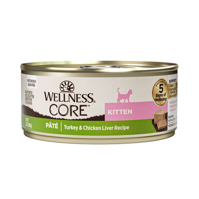 Wellness CORE Grain-Free Kitten Wet Cat Food, Turkey & Chicken Liver Pate, 156g, designed for healthy kitten growth.