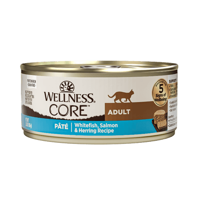 Wellness CORE Grain-Free Salmon, Whitefish & Herring Pate wet cat food in a 156g can.