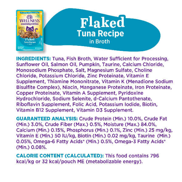 Wellness Appetizing Entrees Flaked Tuna Cat Food ingredients and nutritional analysis on packaging.