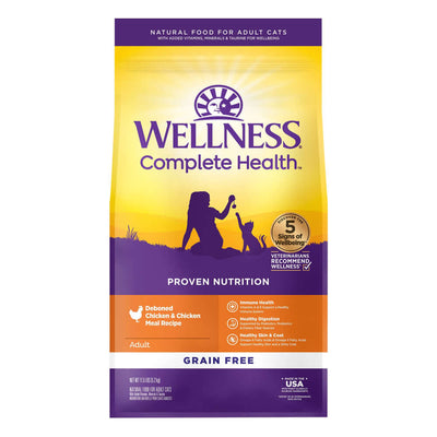 Wellness Complete Health Grain-Free Adult Deboned Chicken & Chicken Meal Dry Cat Food bag with nutritional benefits.