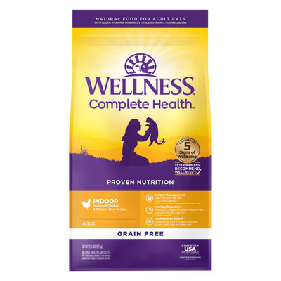 Wellness Complete Health Grain-Free Indoor Chicken Recipe Cat Food 11.5LB pack, providing balanced nutrition for indoor cats.