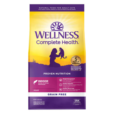 Wellness Complete Health Grain-Free Indoor Salmon & Herring Dry Cat Food 11.5LB package for adult cats.