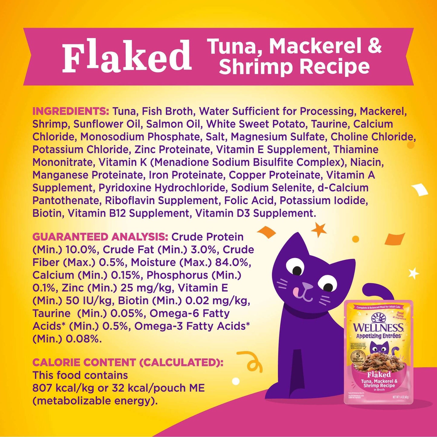 Ingredients and nutritional analysis for Wellness Flaked Tuna, Mackerel & Shrimp Recipe wet cat food.