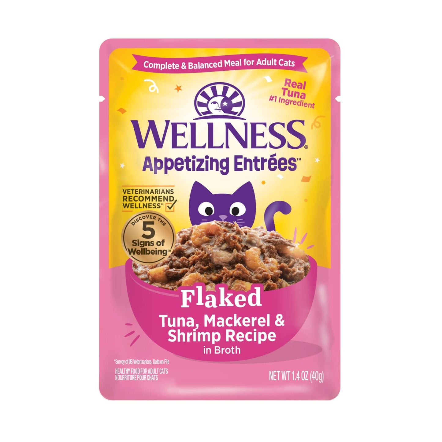 Wellness Appetizing Entrees Flaked Tuna, Mackerel & Shrimp Recipe Wet Cat Food, 1.4oz pack with savory broth.
