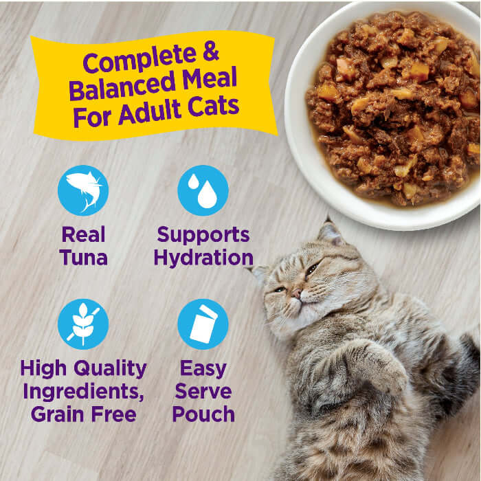 Wellness Appetizing Entrees flaked tuna & tilapia recipe wet cat food with a happy cat and nutritional highlights.