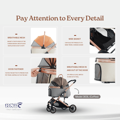 BNDC Pet Pram Stroller 303L For Dogs & Cats (Coffee)