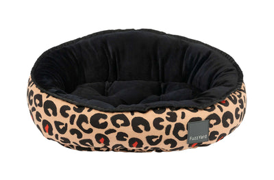 fuzzyard Pet bed with leopard print pattern and black interior cushion