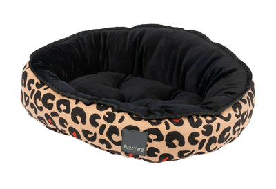 fuzzyard Pet bed with leopard print pattern and black interior side profile