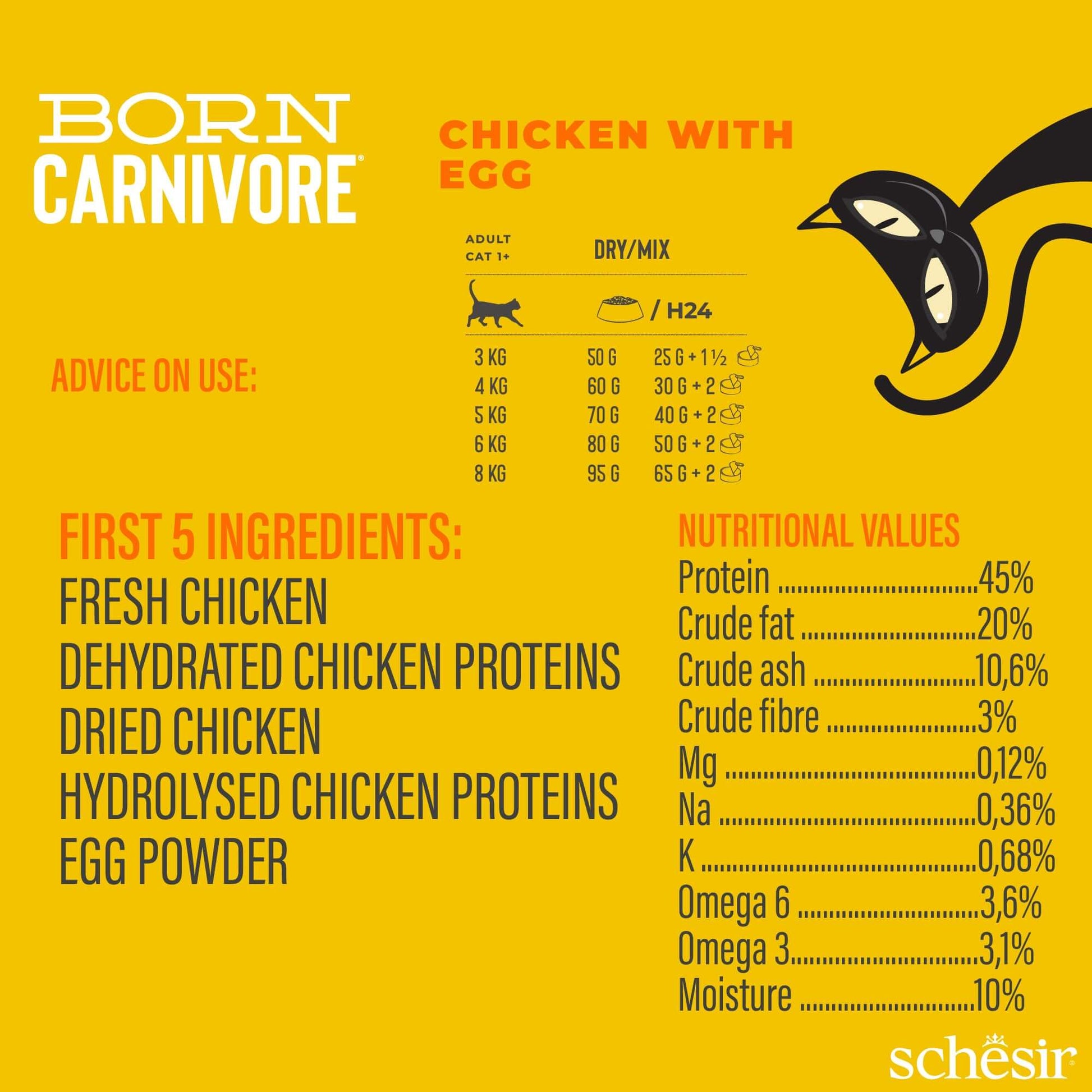 Schesir Born Carnivore Adult Cat Dry Food - Chicken & Egg Recipe