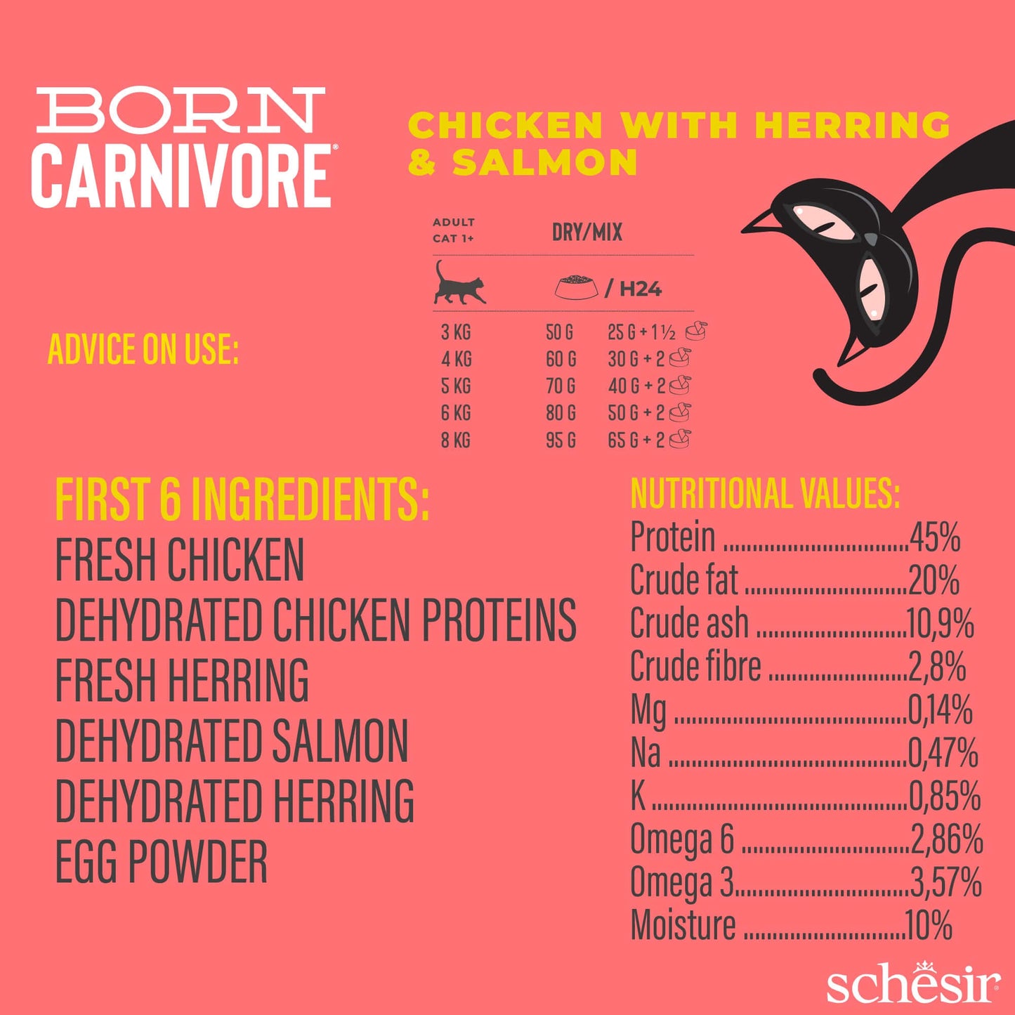 Schesir Born Carnivore Dry Cat Food - Chicken, Herring & Salmon Recipe