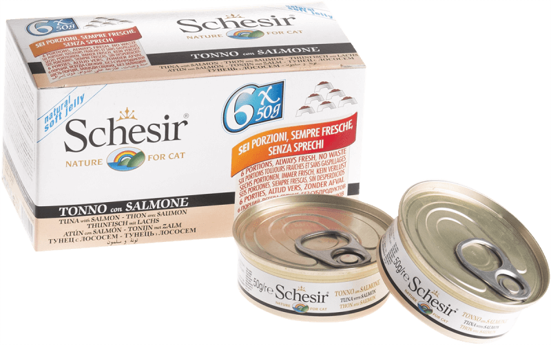 Schesir Tuna & Salmon Cat Food Multipack (6 x 50g) - Natural, Omega-3 Rich Wet Cat Food in Jelly