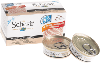 Schesir Tuna & Salmon Cat Food Multipack (6 x 50g) - Natural, Omega-3 Rich Wet Cat Food in Jelly