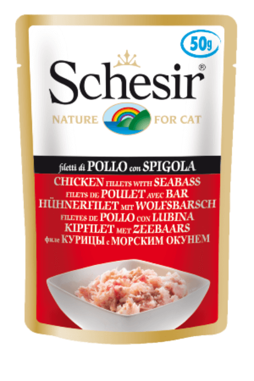 Schesir Chicken and Seabass Wet Cat Food Pouch - 50g Natural Jelly Recipe with Omega-3