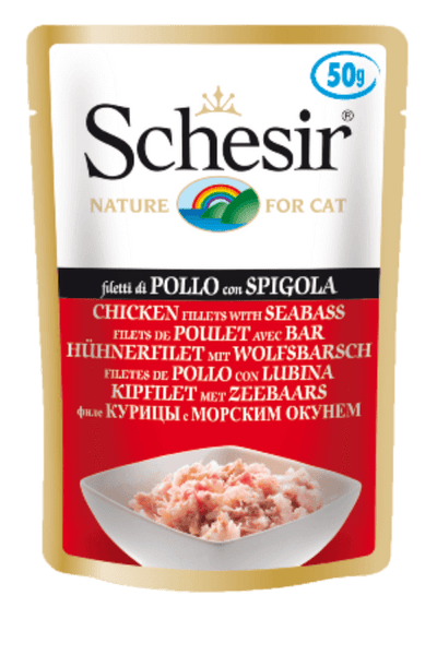 Schesir Chicken and Seabass Wet Cat Food Pouch - 50g Natural Jelly Recipe with Omega-3