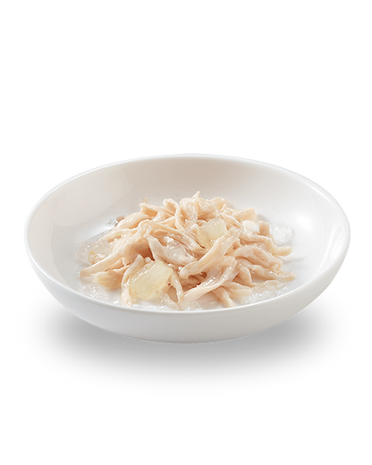 Close-up of tender chicken pieces in aloe jelly for kittens