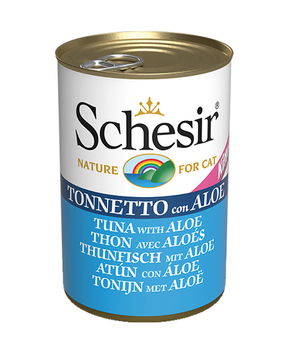 Close-up of Schesir kitten food showing tuna chunks in aloe jelly