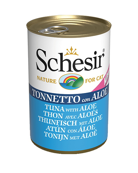 Close-up of Schesir kitten food showing tuna chunks in aloe jelly