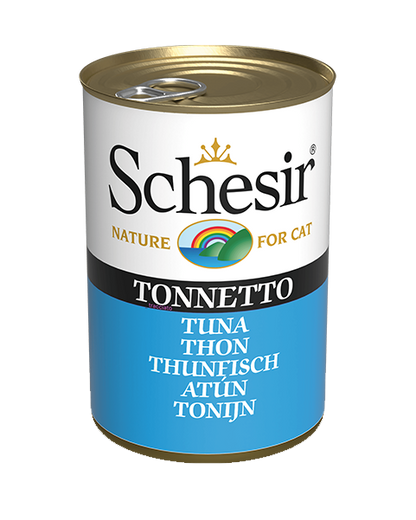 Schesir Tuna in natural jelly canned cat food with visible fish chunks