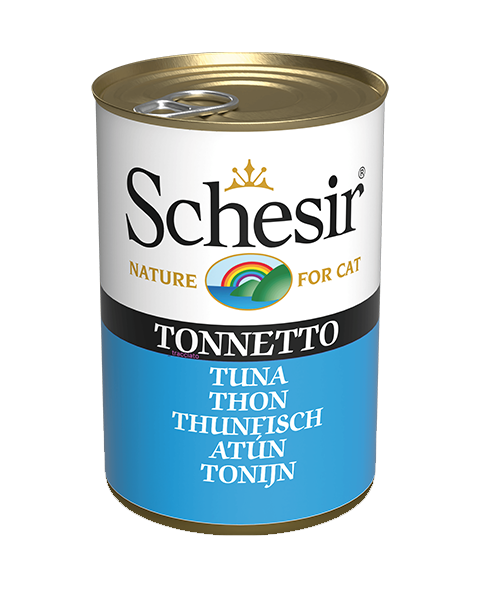 Schesir Tuna in natural jelly canned cat food with visible fish chunks